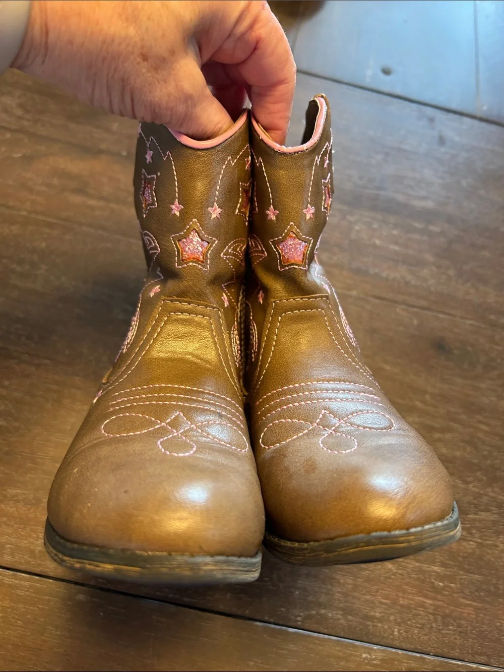 Wonder Nation Brown Faux Leather with Pink Glitter Stars Cowboy Boots